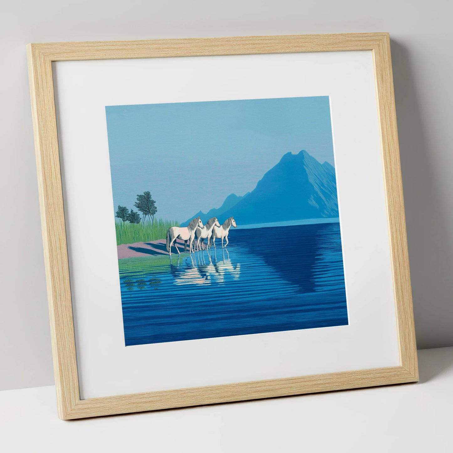 Reflections in Azure wild horses art print in natural frame