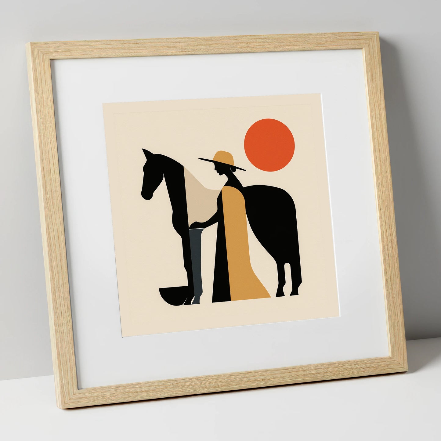 Sunlit Equine Silhouette horse & rider art print in natural frame