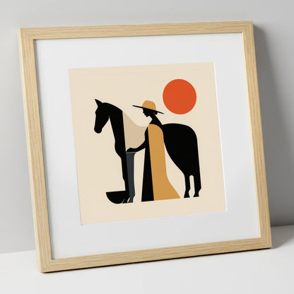 Sunlit Equine Silhouette horse & rider art print in natural frame