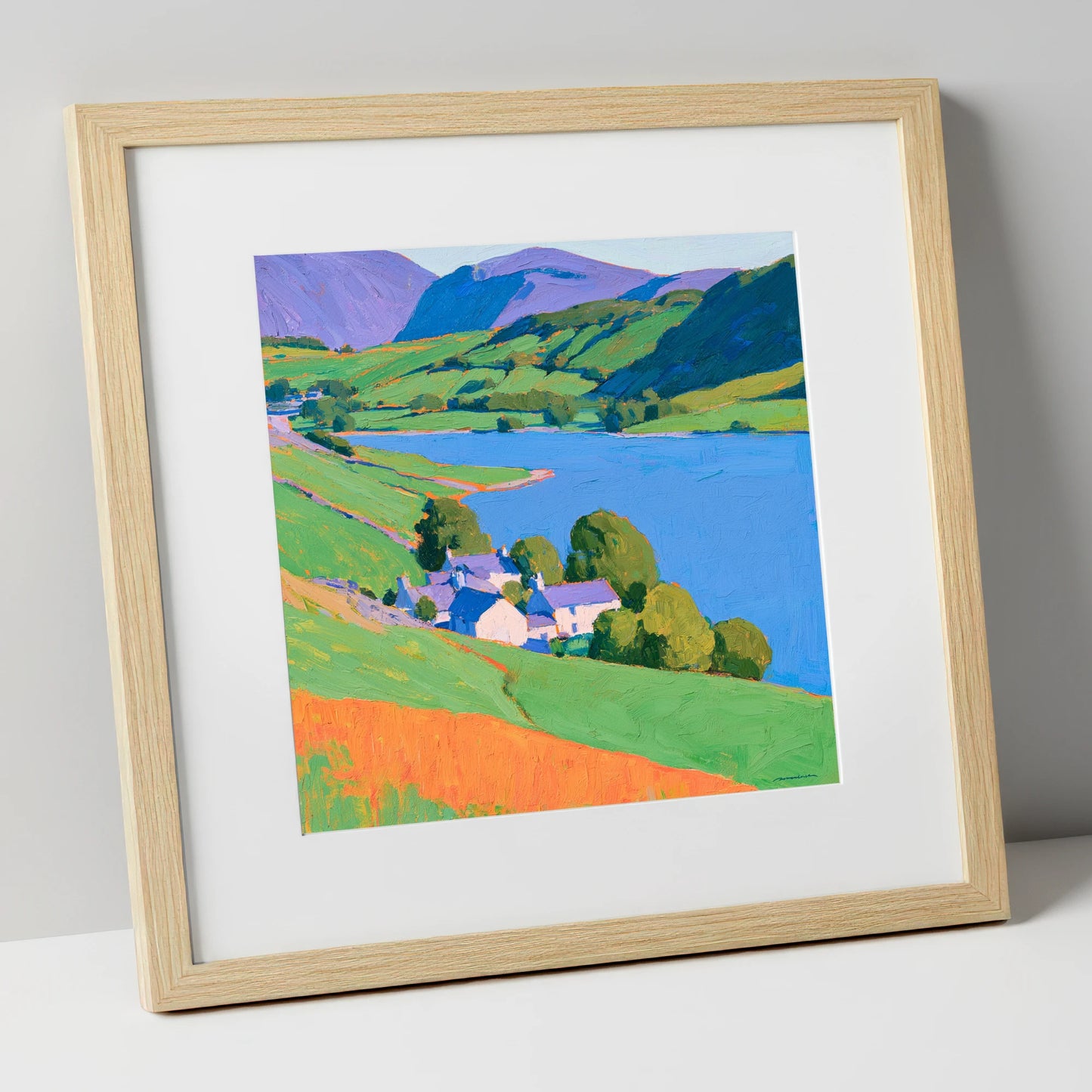 Vibrant Lakeside Valley horse landscape art print in natural frame