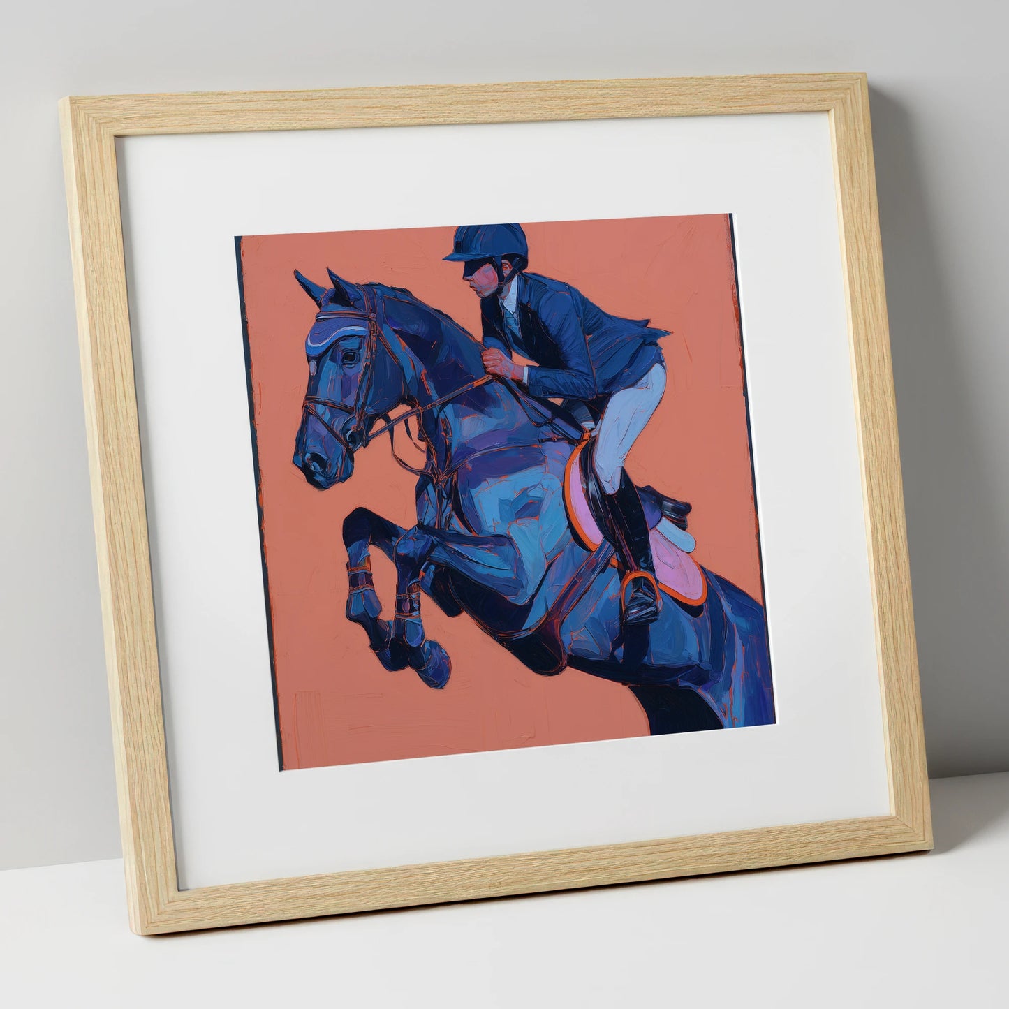 Indigo Flight show jumping horse art print in natural frame
