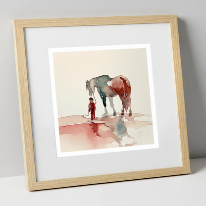 A Bond Beyond Words horse & rider art print in natural frame