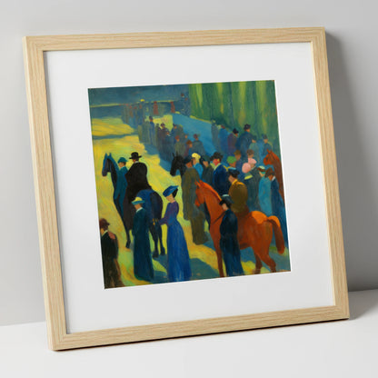 Paddock Gathering racing horse art print in natural frame