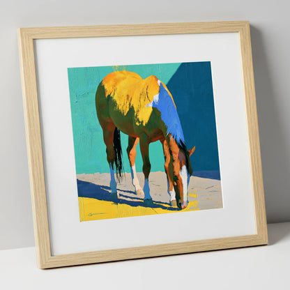 Grazing Horse in Vibrant Light horse breed art print in natural frame