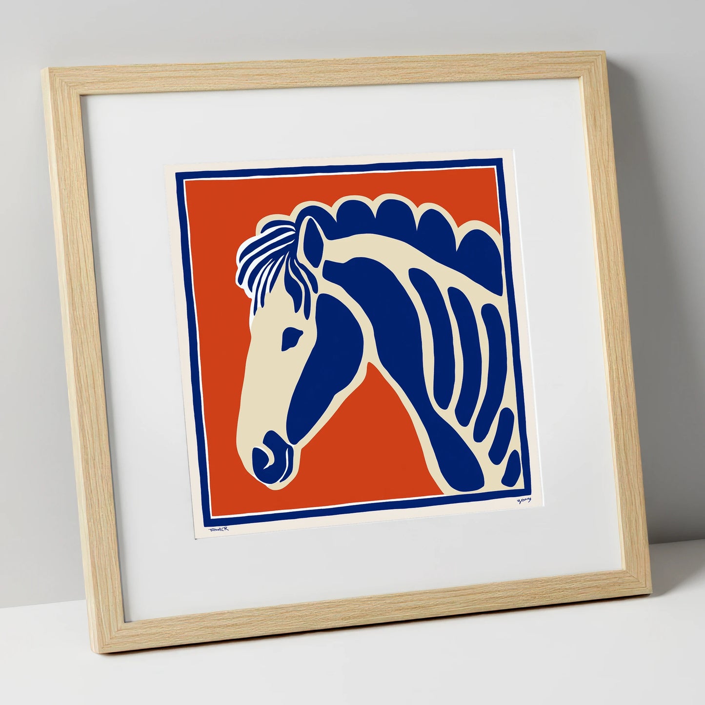 Cobalt Equine Profile horse portrait art print in natural frame