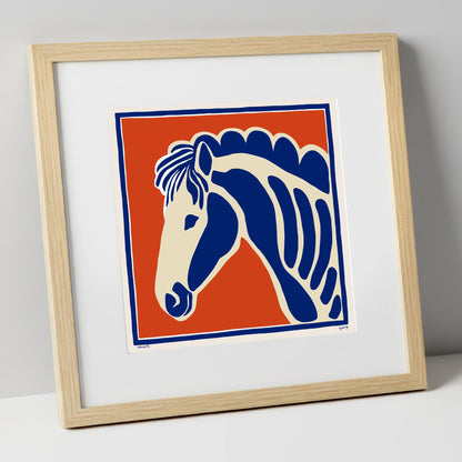 Cobalt Equine Profile horse portrait art print in natural frame
