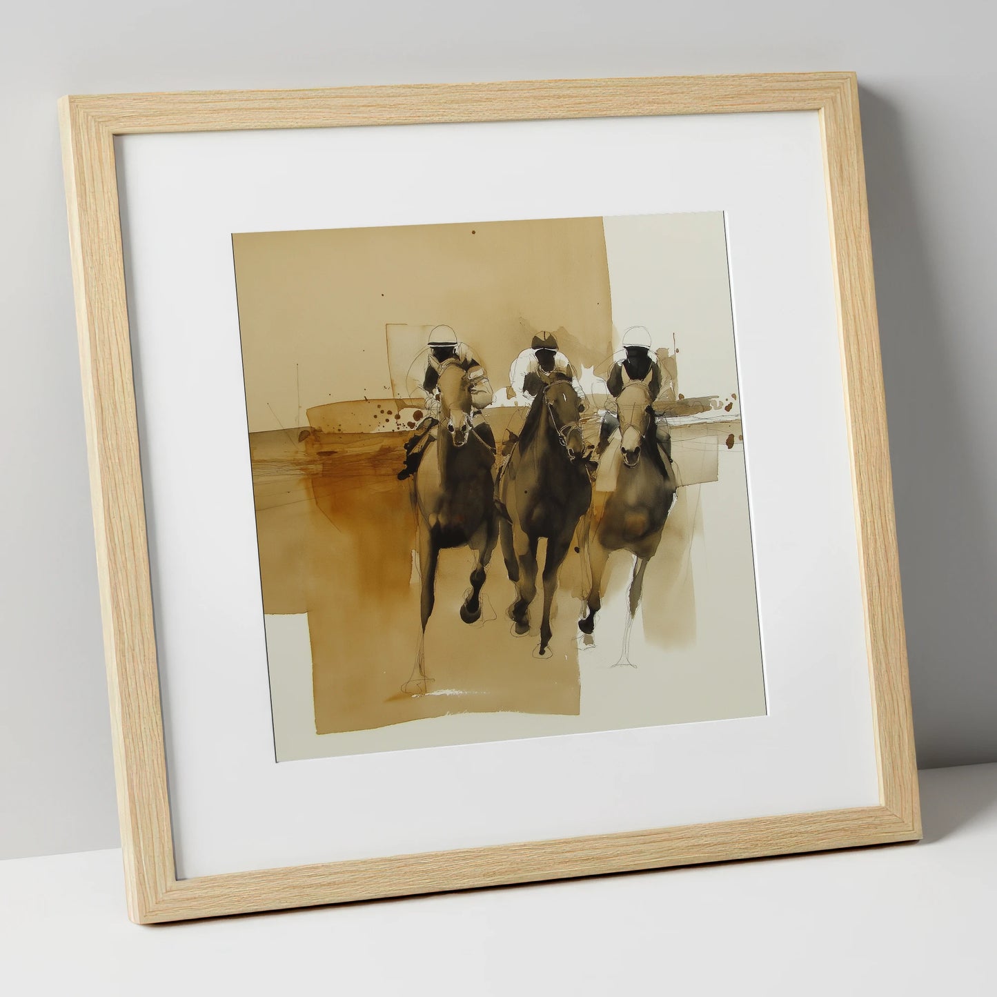 The Home Straight racing horse art print in natural frame