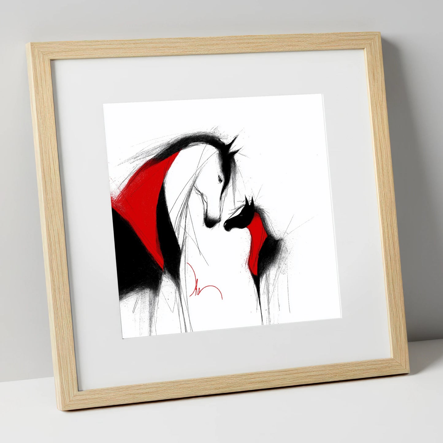 Crimson Bond mare & foal art print in natural frame