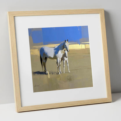 Midsummer Greys mare & foal art print in natural frame
