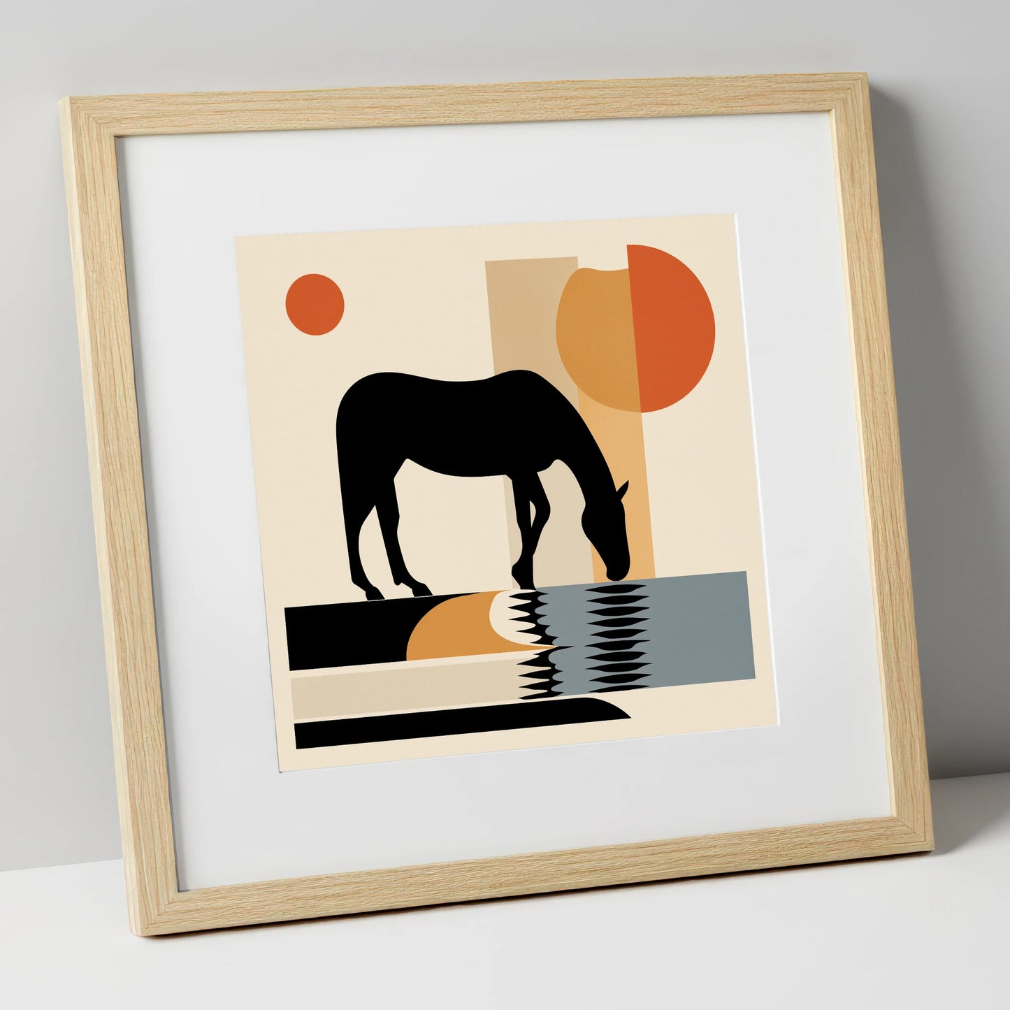 Abstract Oasis Silhouette horse landscape art print in natural frame