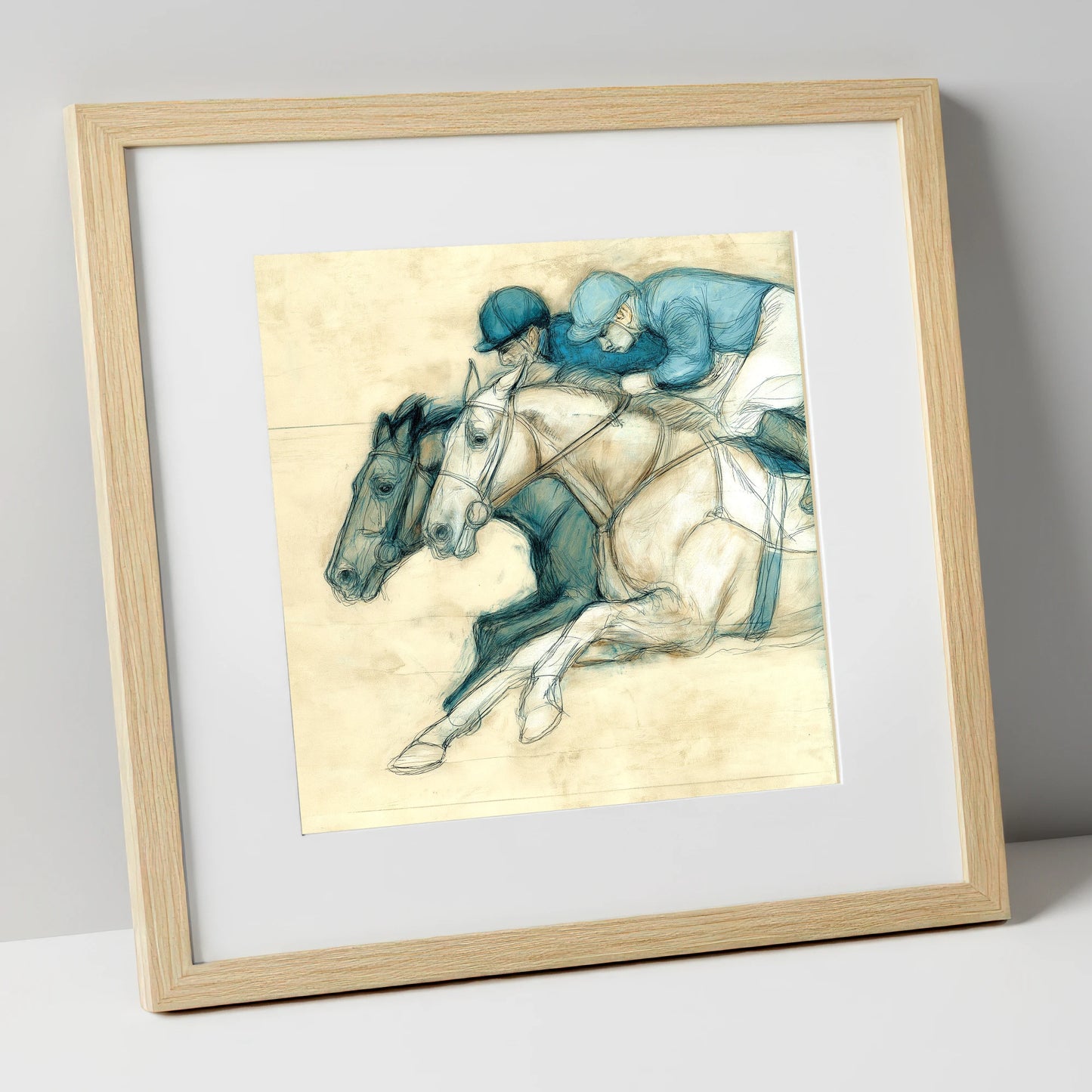 Neck and Neck racing horse art print in natural frame