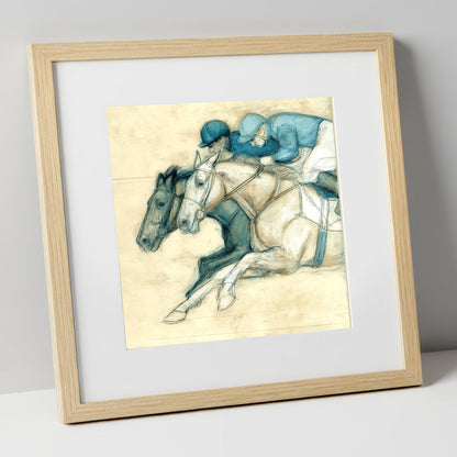 Neck and Neck racing horse art print in natural frame