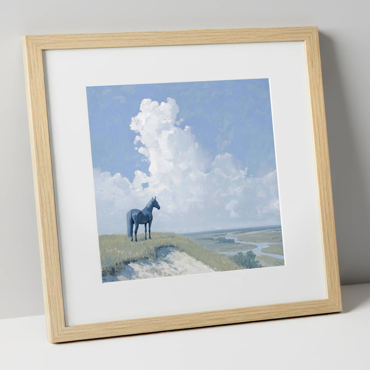 The Quiet Vantage horse landscape art print in natural frame