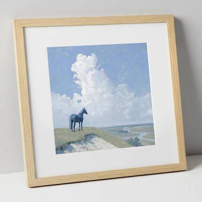 The Quiet Vantage horse landscape art print in natural frame