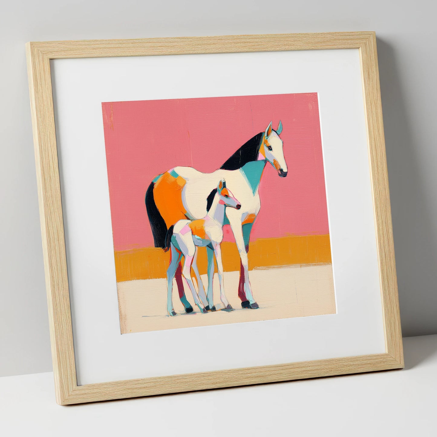Vivid Painted Bond mare & foal art print in natural frame