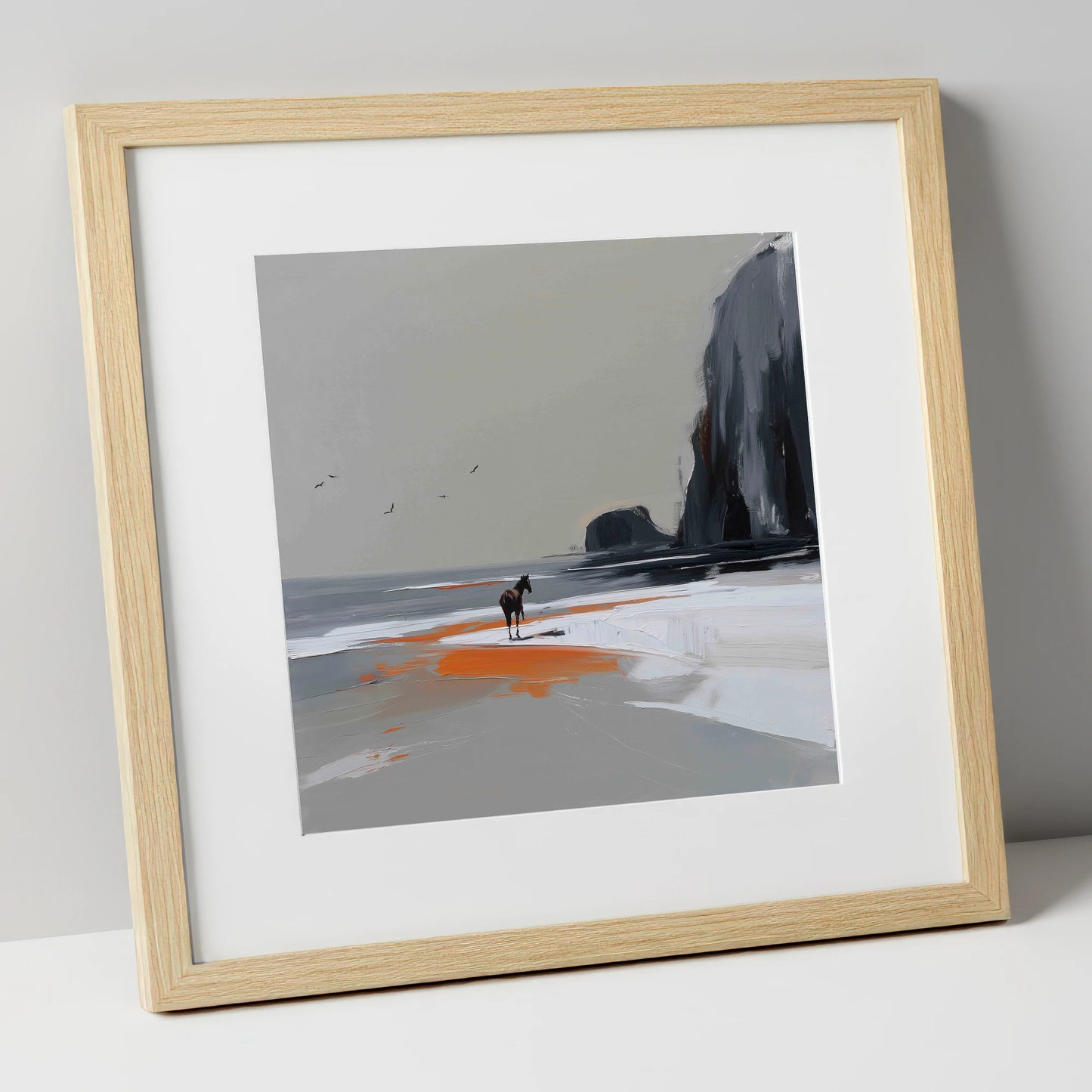 Solitary Shoreline horse landscape art print in natural frame