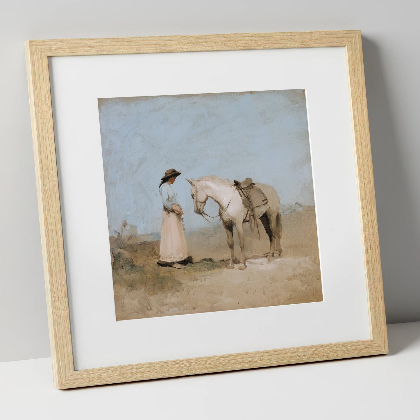 The Unspoken Bond horse & rider art print in natural frame