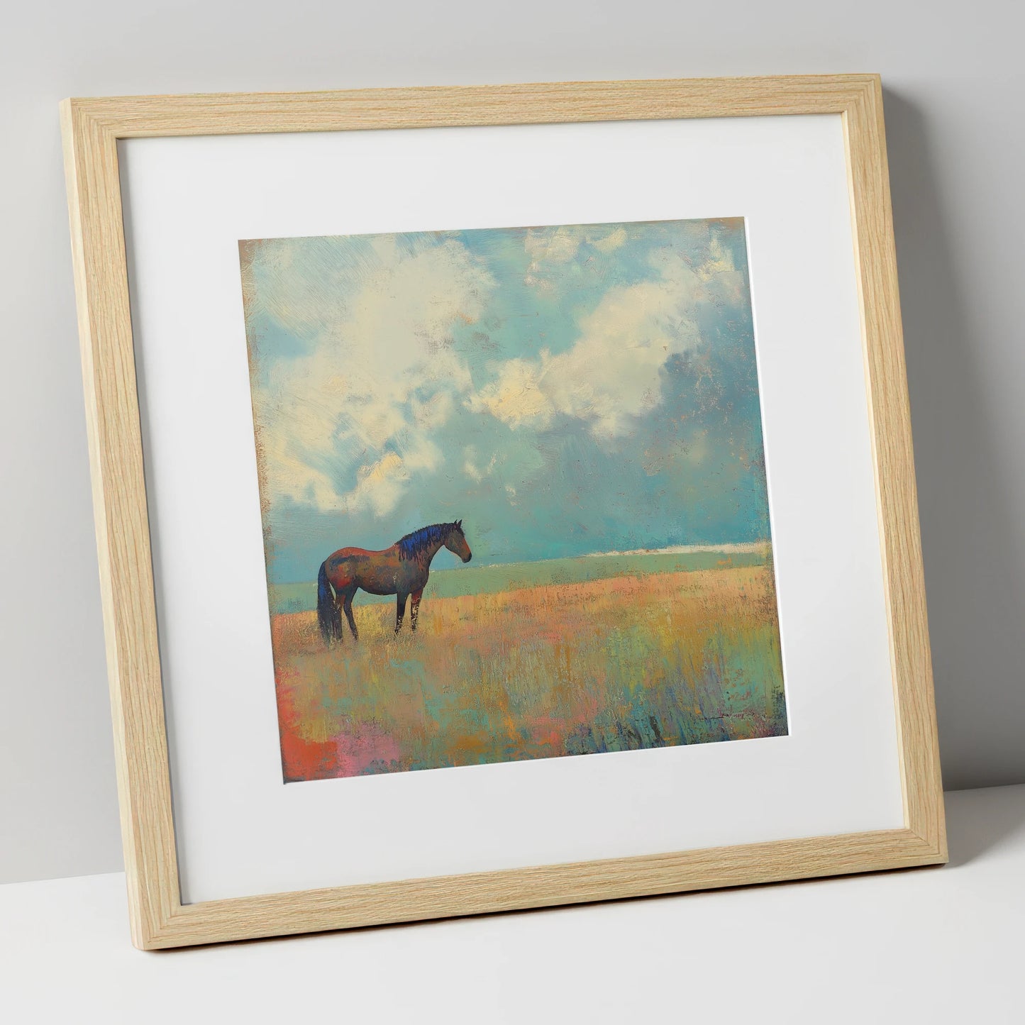 Beneath Turquoise Skies horse landscape art print in natural frame