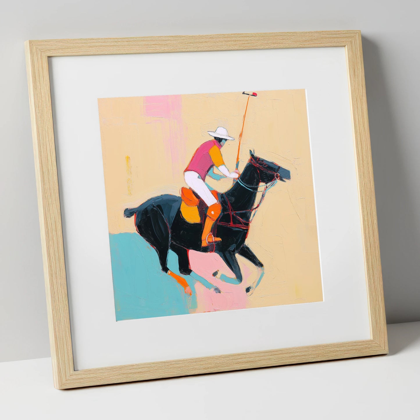 Vibrant Polo Strike polo horse art print in natural frame