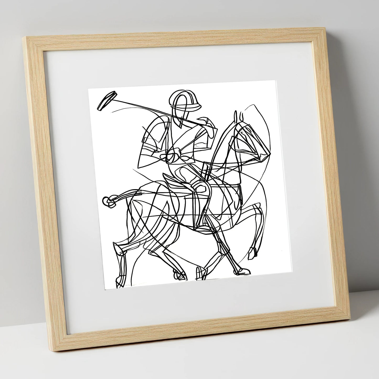 Linear Polo Strike polo horse art print in natural frame
