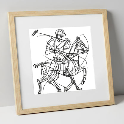 Linear Polo Strike polo horse art print in natural frame