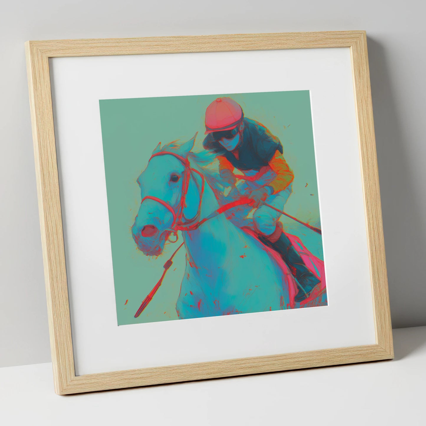 Electric Furlong racing horse art print in natural frame