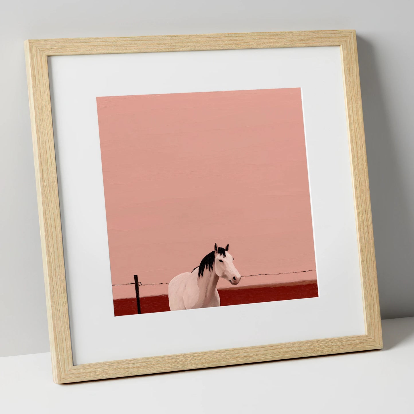 Dusty Rose Horizon horse portrait art print in natural frame