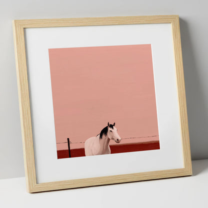 Dusty Rose Horizon horse portrait art print in natural frame