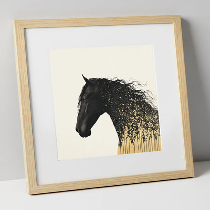 Gilded Midnight Equine horse breed art print in natural frame