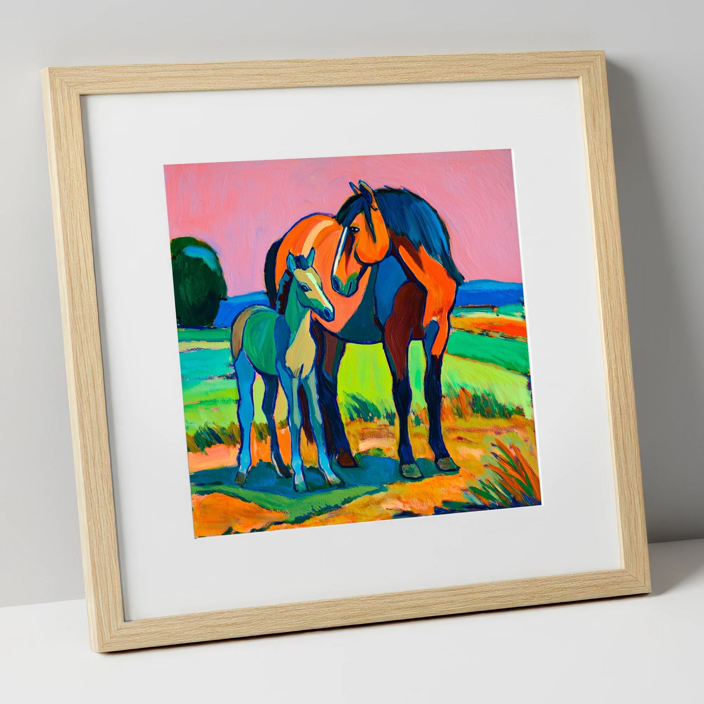 Vivid Bonds mare & foal art print in natural frame