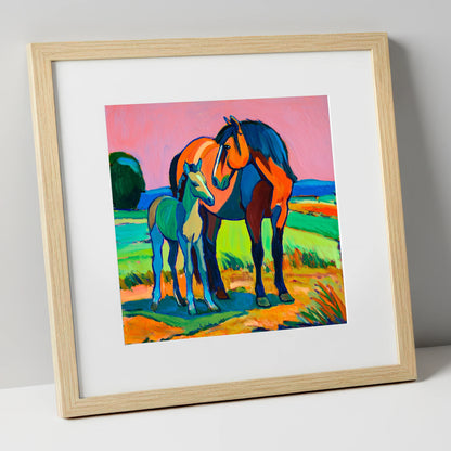 Vivid Bonds mare & foal art print in natural frame