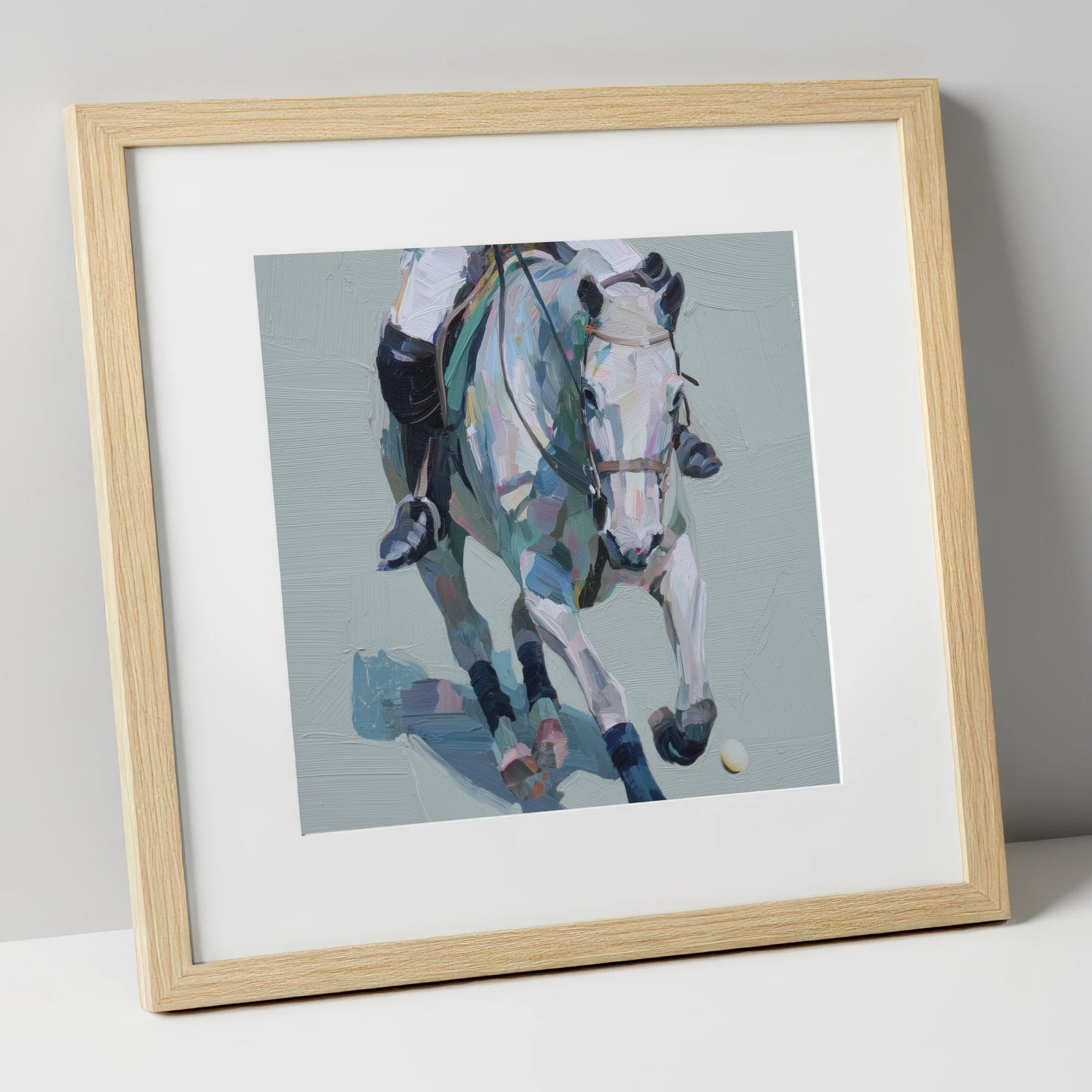 Pastel Polo Charge polo horse art print in natural frame