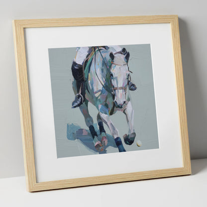 Pastel Polo Charge polo horse art print in natural frame
