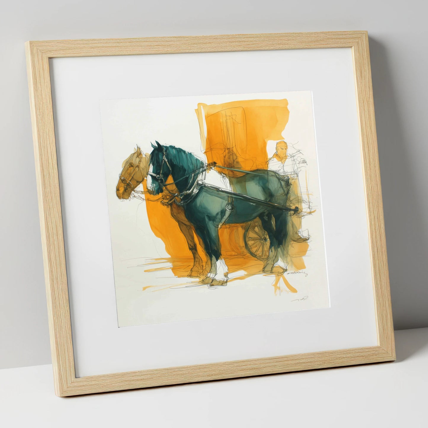 Harnessed in Amber working horse art print in natural frame