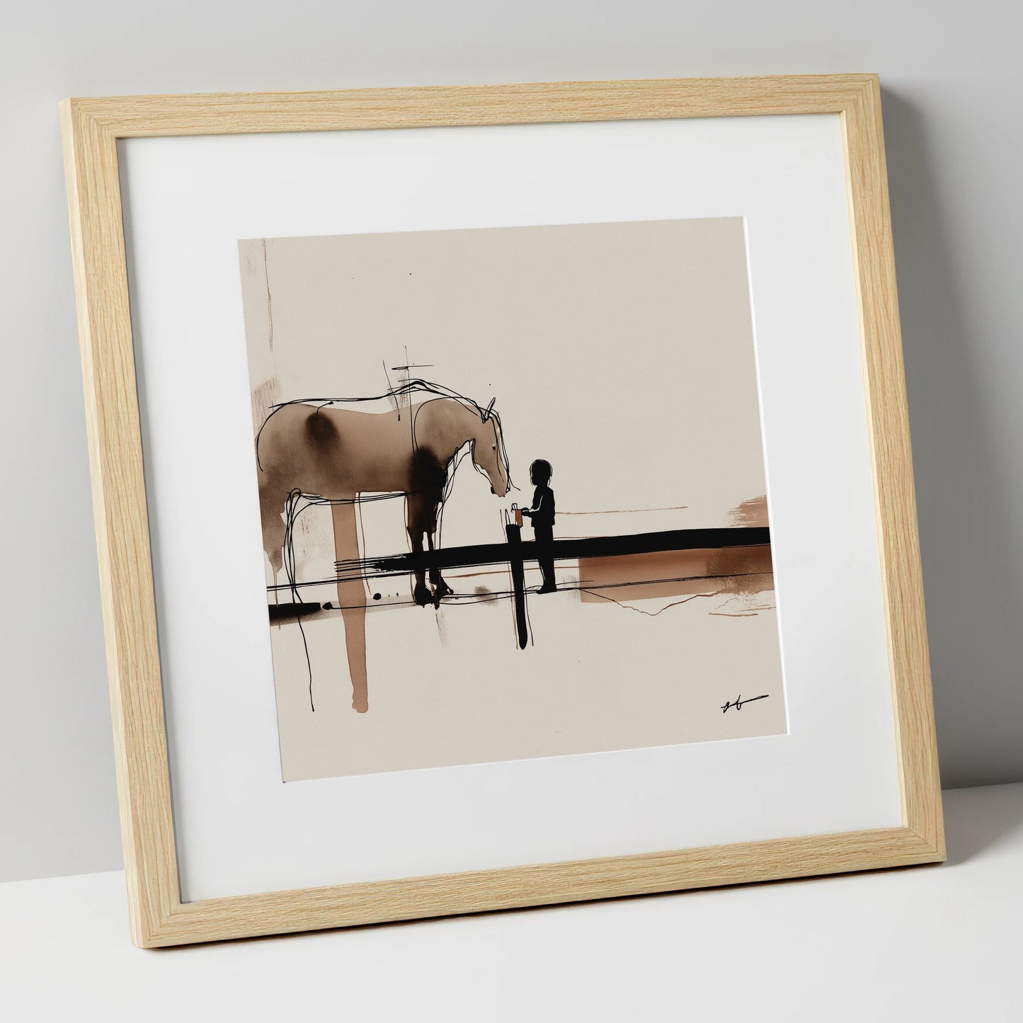 A Gentle Encounter horse & rider art print in natural frame