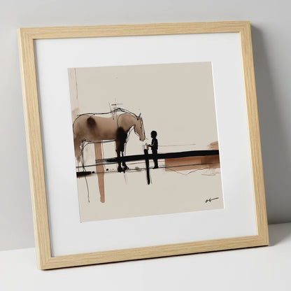 A Gentle Encounter horse & rider art print in natural frame