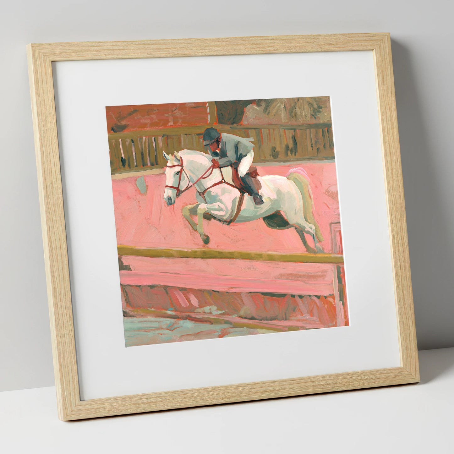 Flight in Dusty Pink show jumping horse art print in natural frame