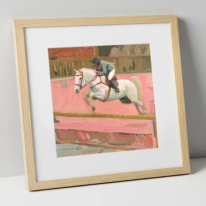 Flight in Dusty Pink show jumping horse art print in natural frame