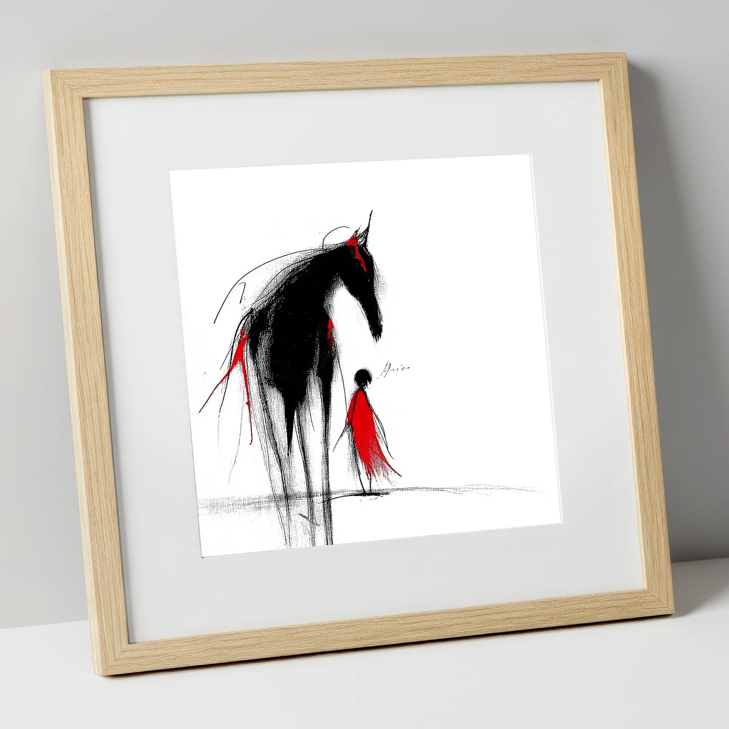Crimson Silhouette horse & rider art print in natural frame
