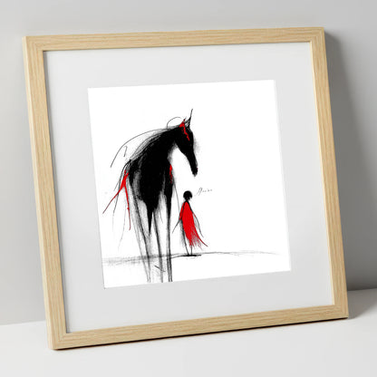 Crimson Silhouette horse & rider art print in natural frame