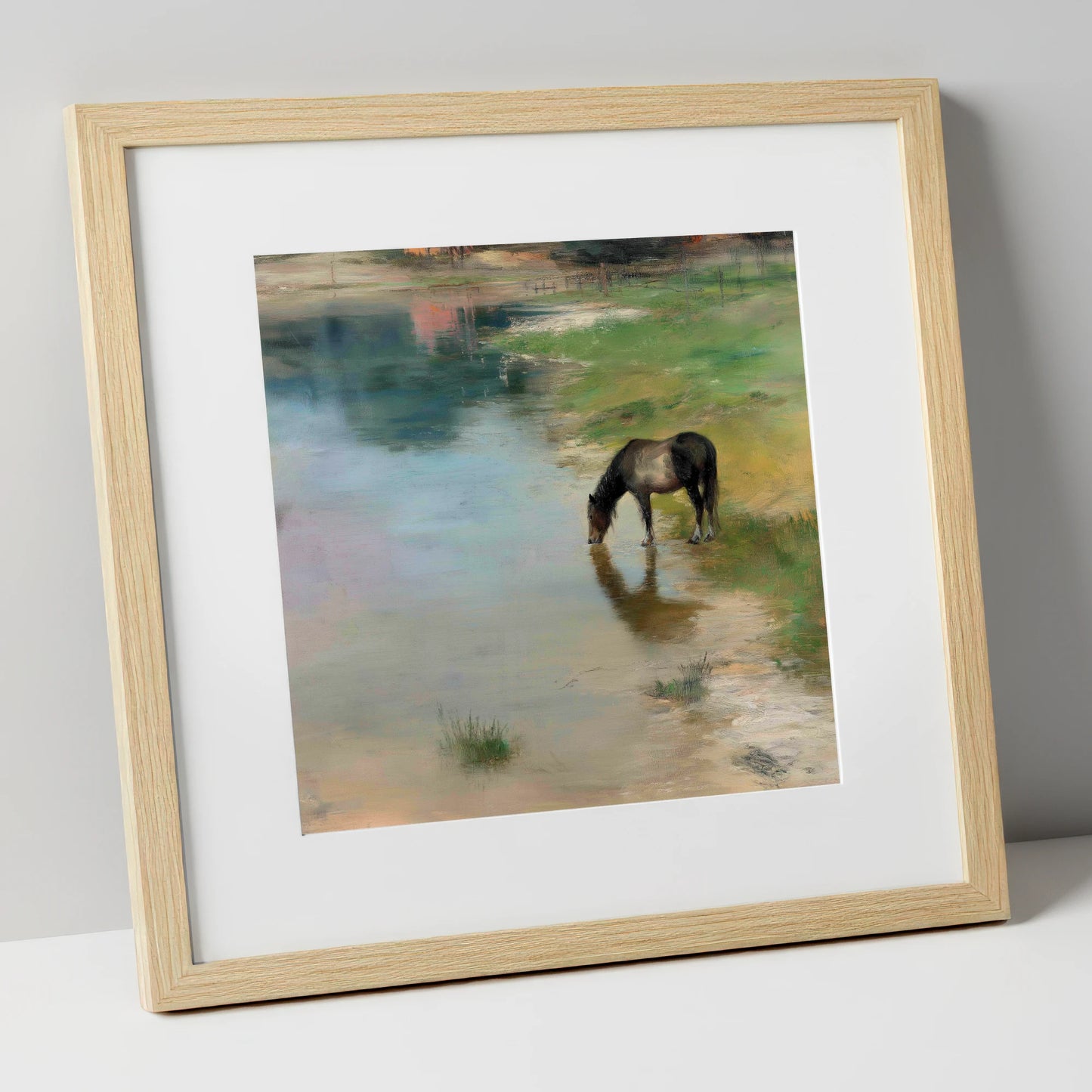 Quiet Waters Edge horse landscape art print in natural frame