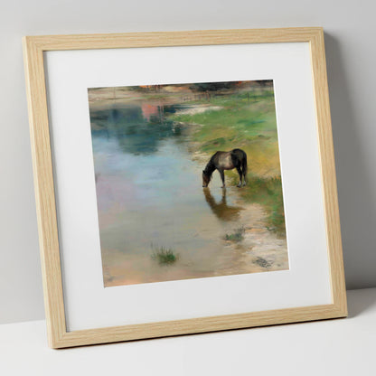 Quiet Waters Edge horse landscape art print in natural frame