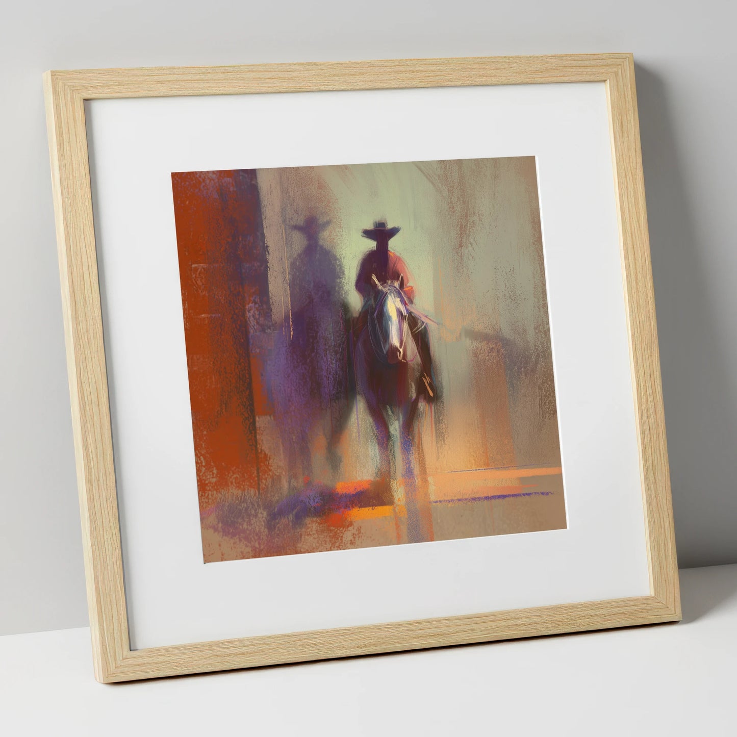 Rider in the Haze western horse art print in natural frame