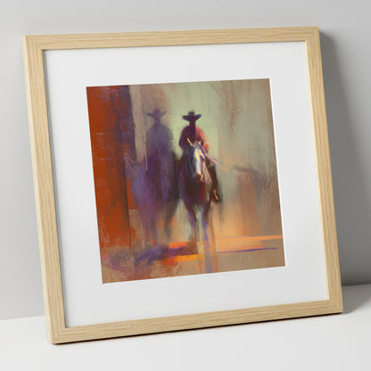 Rider in the Haze western horse art print in natural frame