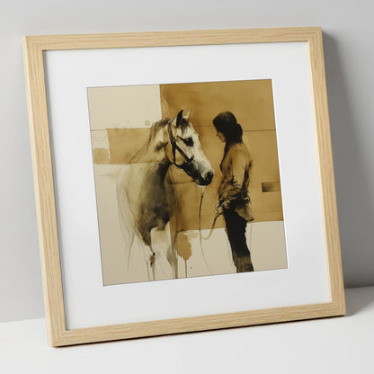 Silent Dialogue horse & rider art print in natural frame