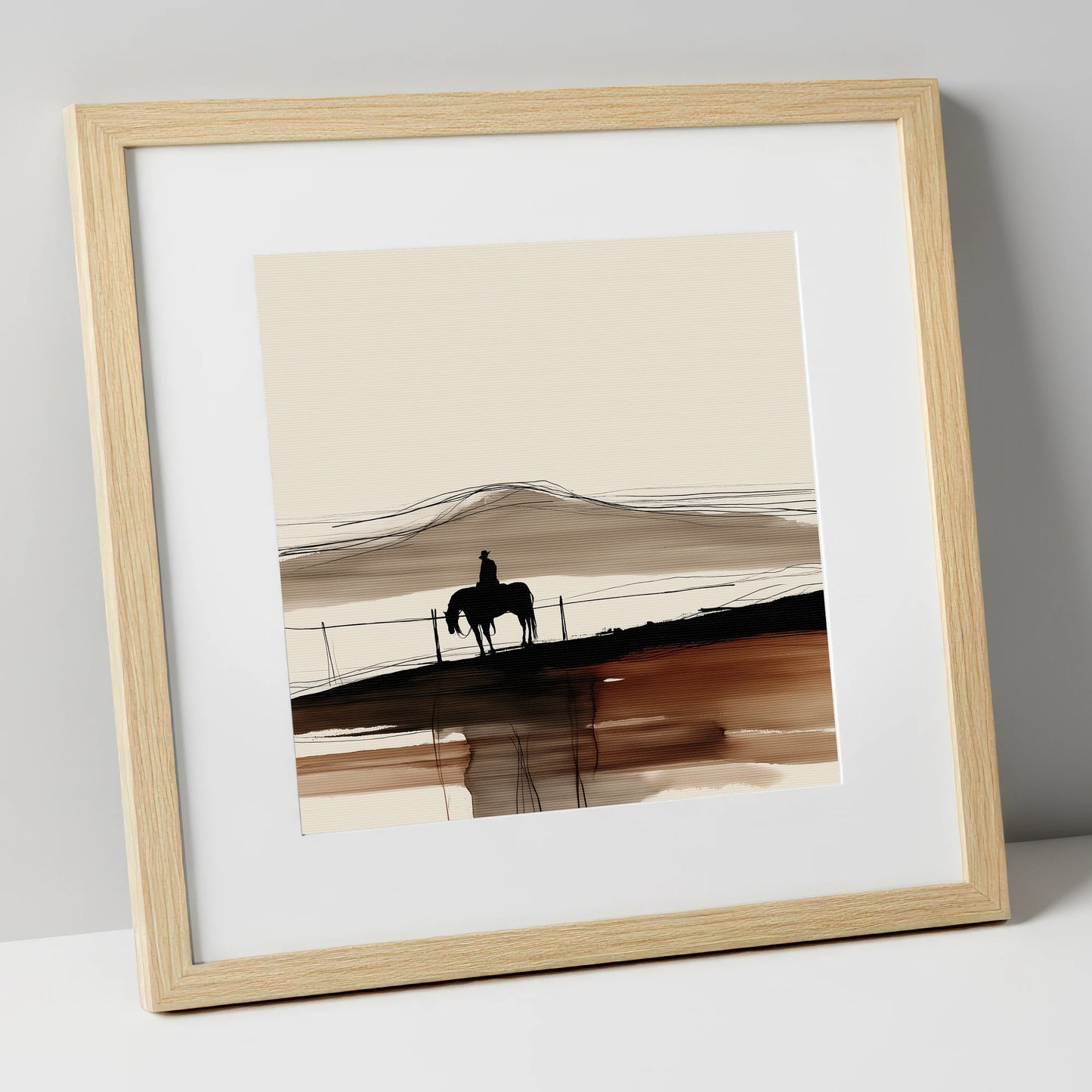 Western Solitude western horse art print in natural frame
