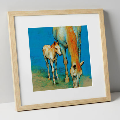 Nurture and Nature mare & foal art print in natural frame