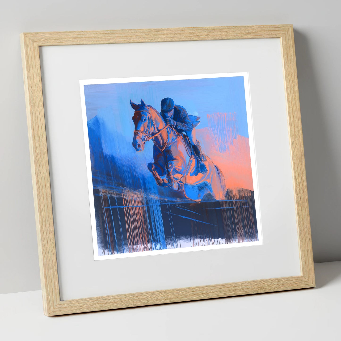 Suspended in Cobalt show jumping horse art print in natural frame