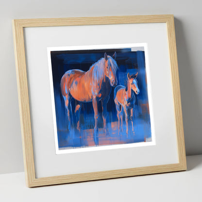 Cobalt and Apricot mare & foal art print in natural frame