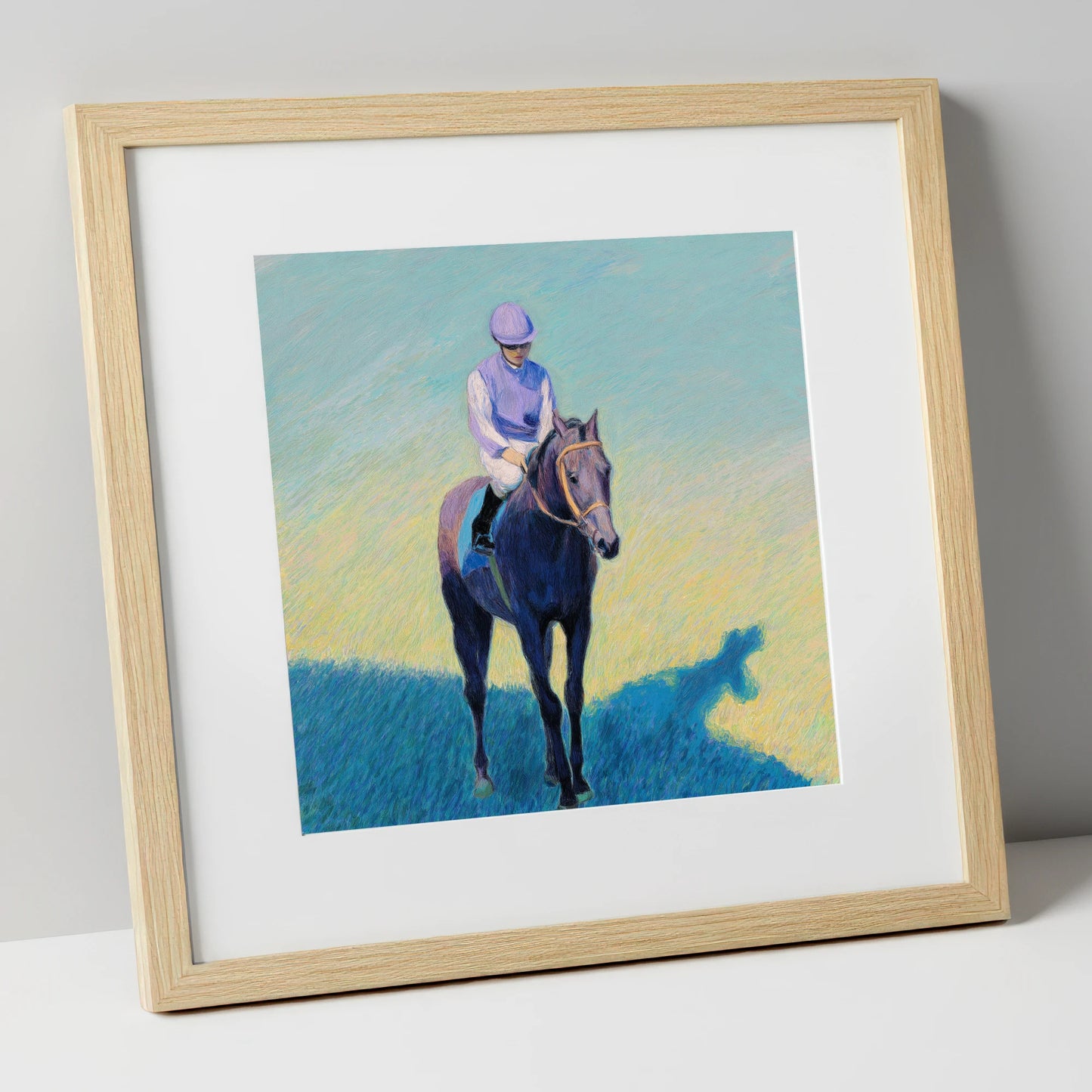 Lavender Silks racing horse art print in natural frame